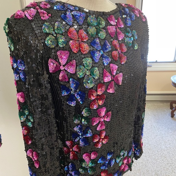 Vintage 100% silk sequined top Sz M 70s 80s 90s Black Floral - Picture 7 of 16